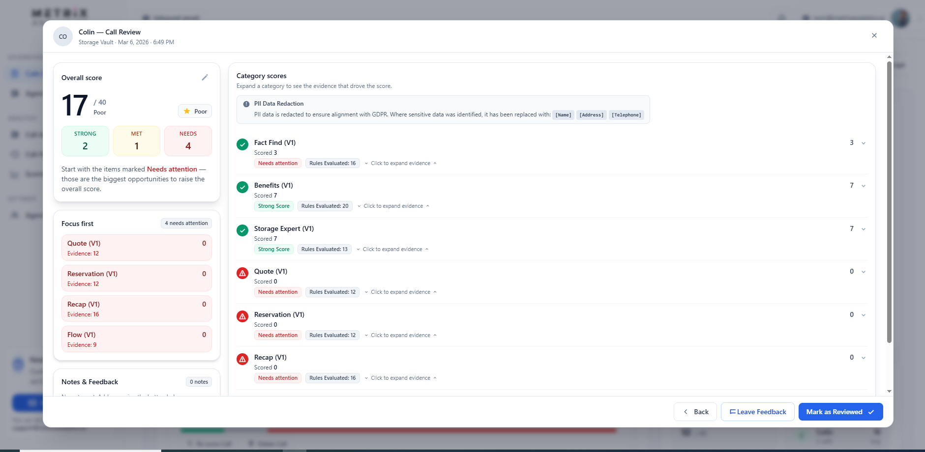 Metrix Call Scorecard